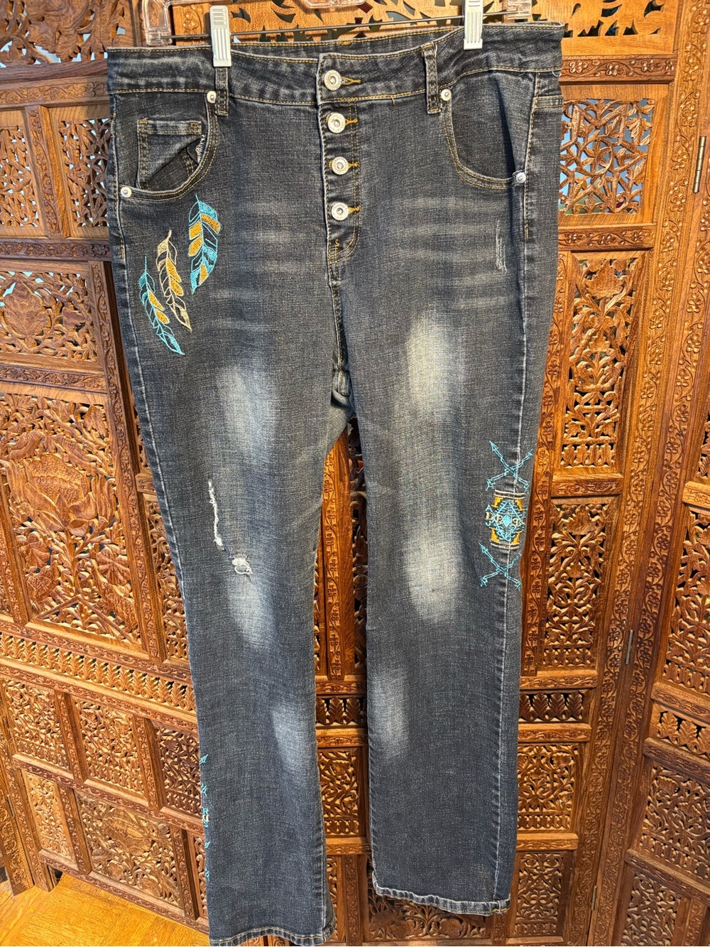 Women’s Dark Wash Embroidered Jeans with Button Fly